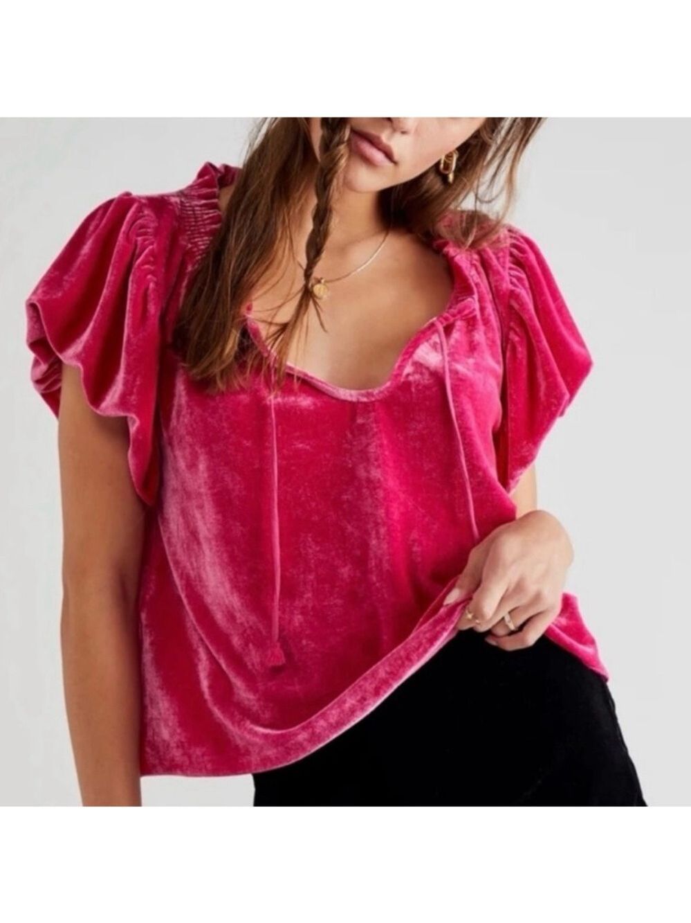 FREE PEOPLE Terese Hot Pink Velvet Short Sleeved Cropped Shirt
